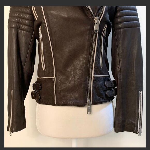 AllSaints Bixer Piped Biker Jacket Lamb Leather US 2 EU 34 UK 6 Women’s XS - Picture 3 of 10